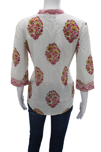 Liza Byrd Women Tunic White Floral Cotton 3/4 Sleeve Bohemian Size S