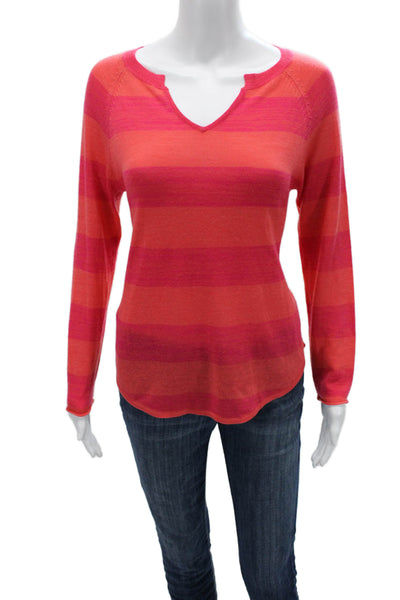Neiman Marcus Women Striped V-Neck Long Sleeve Acrylic Sweater Orange Size S