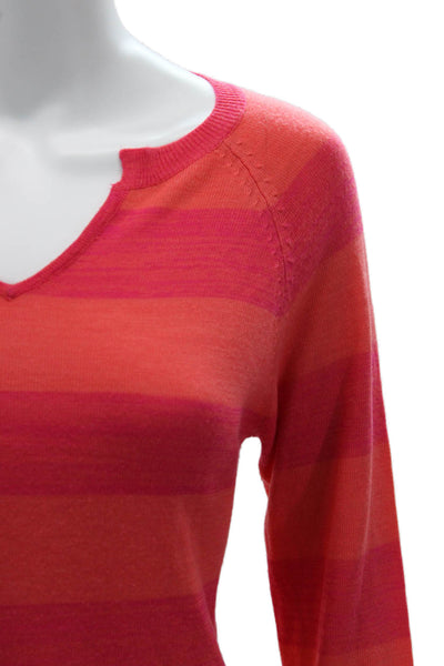 Neiman Marcus Women Striped V-Neck Long Sleeve Acrylic Sweater Orange Size S