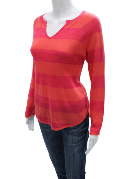 Neiman Marcus Women Striped V-Neck Long Sleeve Acrylic Sweater Orange Size S