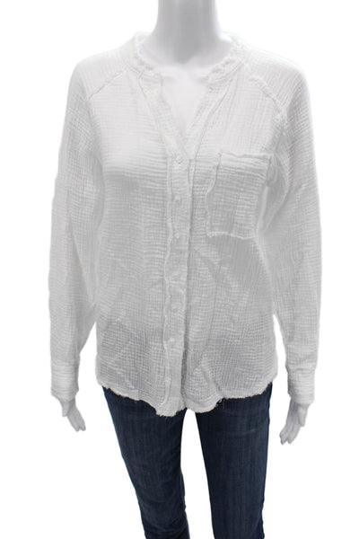 DR2 Womens White Cotton Long Sleeve Button Up Top Basic Boho Size XS