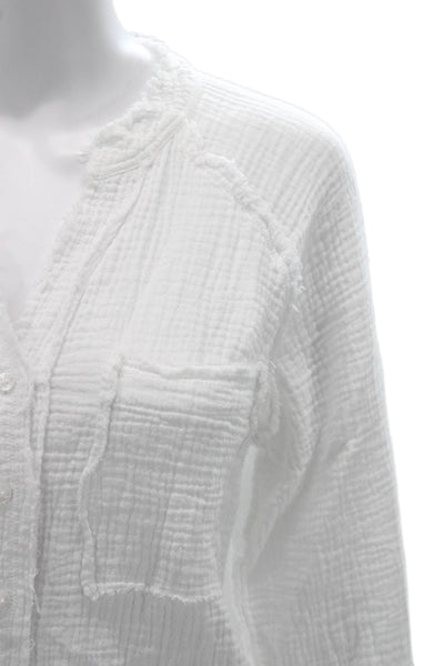 DR2 Womens White Cotton Long Sleeve Button Up Top Basic Boho Size XS