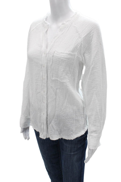 DR2 Womens White Cotton Long Sleeve Button Up Top Basic Boho Size XS
