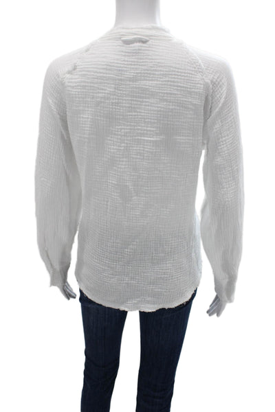 DR2 Womens White Cotton Long Sleeve Button Up Top Basic Boho Size XS