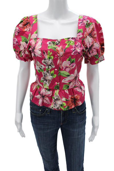 Liu JO Womens Pink Cropped Floral Square Neck Button Blouse Short Sleeve Size M