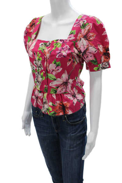 Liu JO Womens Pink Cropped Floral Square Neck Button Blouse Short Sleeve Size M