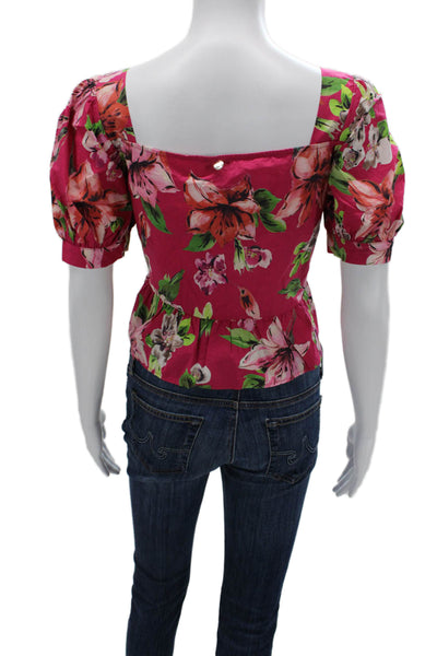 Liu JO Womens Pink Cropped Floral Square Neck Button Blouse Short Sleeve Size M
