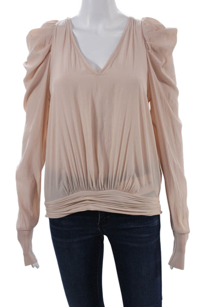 Ramy Brook Womens V-Neck Long Sleeve Beige Polyester Solid Blouse Size XS