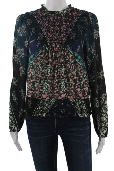 Plenty by Tracy Reese Women Black Floral High Neck Long Sleeve Blouse Size S