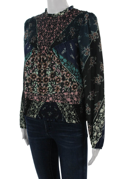 Plenty by Tracy Reese Women Black Floral High Neck Long Sleeve Blouse Size S