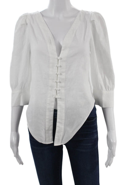 Intermix Women White V-Neck Button Up Blouse 3/4 Sleeve Cotton Size 2