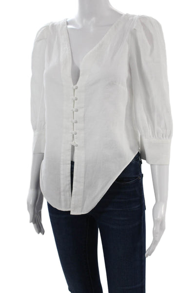Intermix Women White V-Neck Button Up Blouse 3/4 Sleeve Cotton Size 2