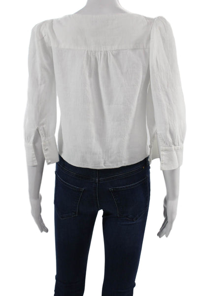 Intermix Women White V-Neck Button Up Blouse 3/4 Sleeve Cotton Size 2