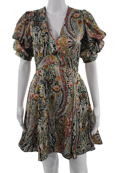 1 State Womens Fit & Flare Paisley V-Neck Black Dress Size XS