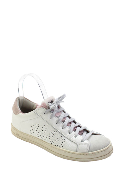 P448 Womens Lace Up Perforated Logo Low Top Sneakers White Pink Leather Size 39
