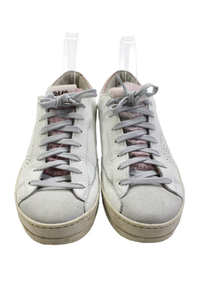 P448 Womens Lace Up Perforated Logo Low Top Sneakers White Pink Leather Size 39