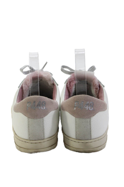 P448 Womens Lace Up Perforated Logo Low Top Sneakers White Pink Leather Size 39