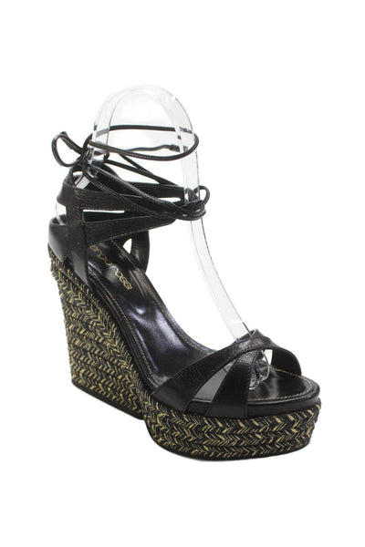 Sergio Rossi Womens Leather Lace-Up Platform Wedge Sandals Black Size 5