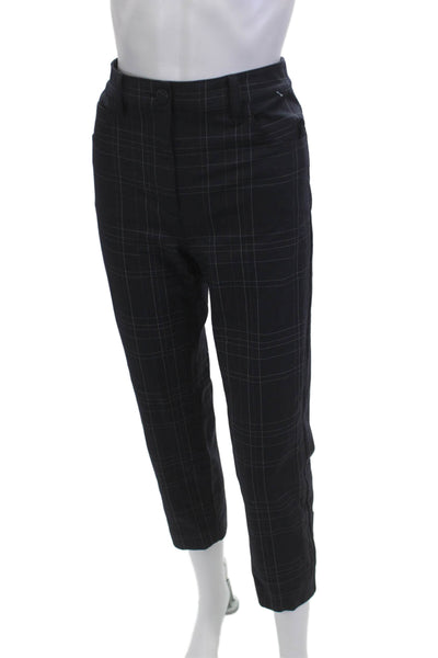 Theory Womens Ankle Cropped Dress Pants Dark Blue Plaid Button Size 2