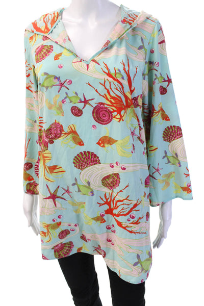 Natori Womens Graphic Print Collar Long Sleeve Sleep Shirt Blue Size XS