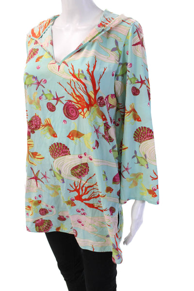 Natori Womens Graphic Print Collar Long Sleeve Sleep Shirt Blue Size XS