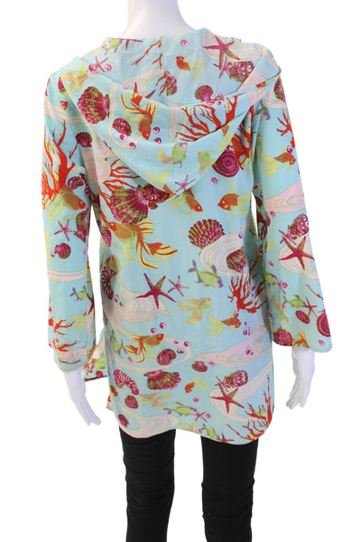 Natori Womens Graphic Print Collar Long Sleeve Sleep Shirt Blue Size XS