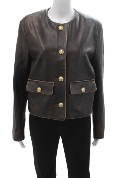 Arma Womens Leather Classic Round Neck Button Jacket Long Sleeve Size 46