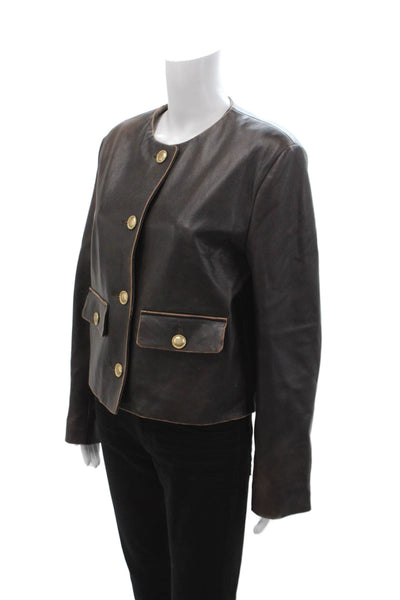 Arma Womens Leather Classic Round Neck Button Jacket Long Sleeve Size 46