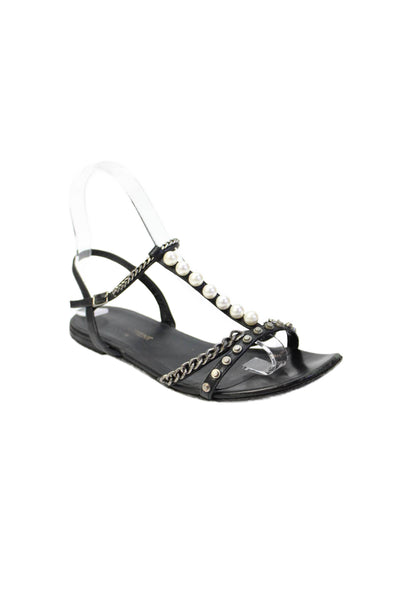 Saint Laurent Womens Embellished Ankle Strap Flat Sandals Shoes Black Size 5.5