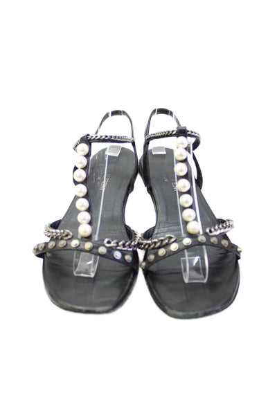 Saint Laurent Womens Embellished Ankle Strap Flat Sandals Shoes Black Size 5.5