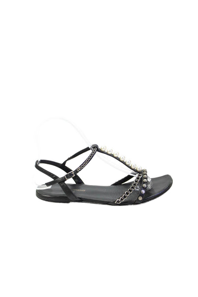 Saint Laurent Womens Embellished Ankle Strap Flat Sandals Shoes Black Size 5.5