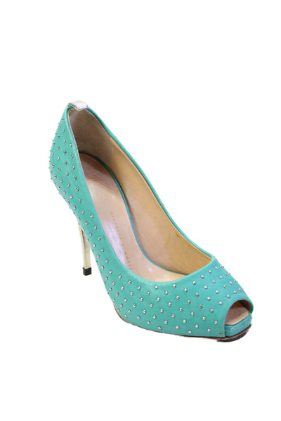 Giuseppe Zanotti Design Womens Leather Studded Peep Toe Heels Shoes Blue Size 5B