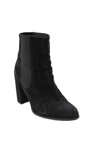 Stuart Weitzman Women's Round Toe Suede Block Heel Ankle Boots Black Size 9.5