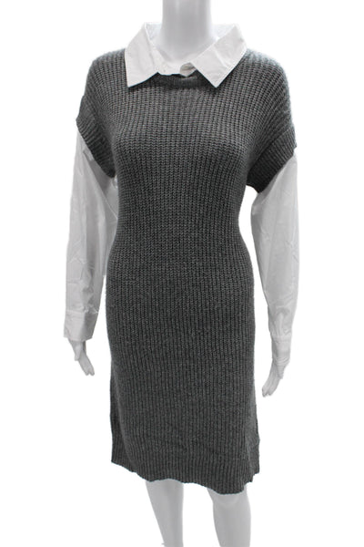 Tahari Women Sweater Dress Gray Collared Short Size S