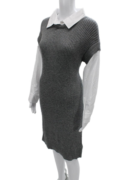 Tahari Women Sweater Dress Gray Collared Short Size S