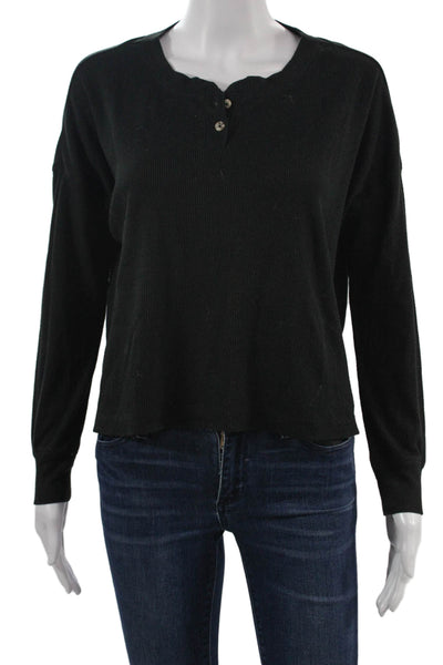 Z Supply Women Black Basic Long Sleeve Button Front Round Neck Top Size XS
