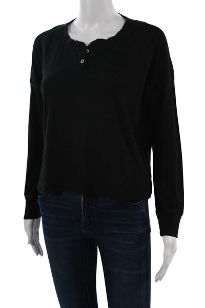 Z Supply Women Black Basic Long Sleeve Button Front Round Neck Top Size XS