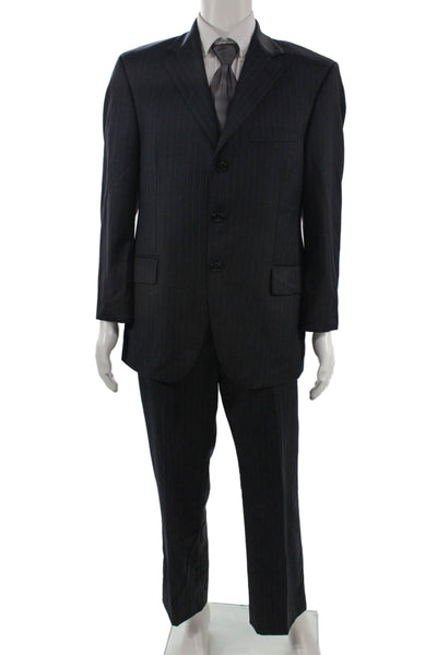 Ultimo Mens Dark Gray Striped 2 Piece Suit Button Collared 97% Wool Size 40