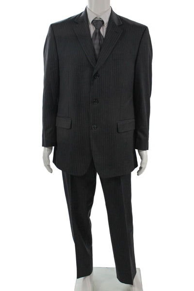 Calvin Klein Mens 2 Piece Suit Dark Gray Striped 100% Wool Button Size 42