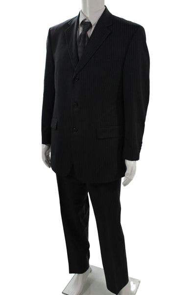 Calvin Klein Mens 2 Piece Suit Dark Gray Striped 100% Wool Button Size 42