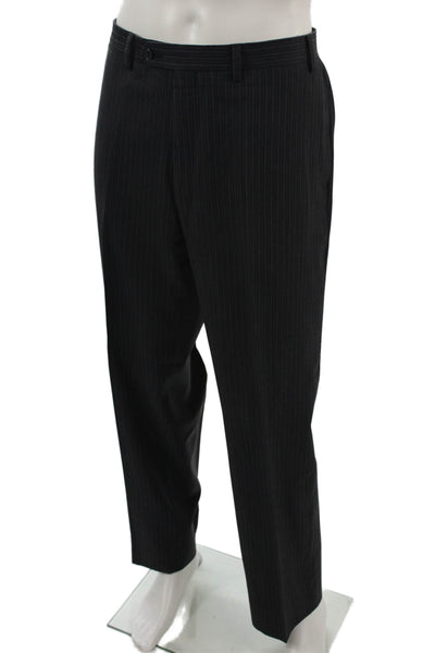 Calvin Klein Mens 2 Piece Suit Dark Gray Striped 100% Wool Button Size 42