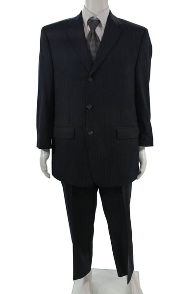 Calvin Klein Mens 2 Piece Dark Blue Wool Suit Collared Striped Size 43
