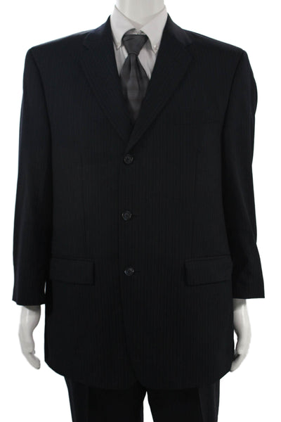 Calvin Klein Mens 2 Piece Dark Blue Wool Suit Collared Striped Size 43