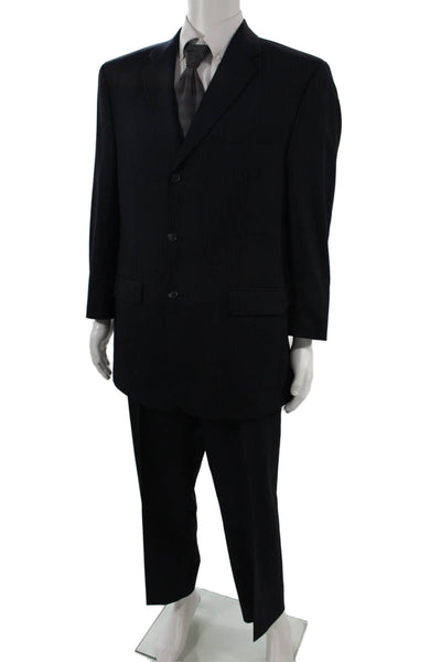 Calvin Klein Mens 2 Piece Dark Blue Wool Suit Collared Striped Size 43