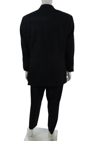 Calvin Klein Mens 2 Piece Dark Blue Wool Suit Collared Striped Size 43