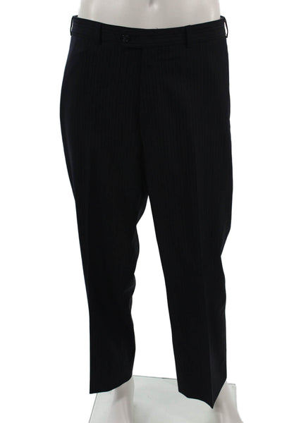 Calvin Klein Mens 2 Piece Dark Blue Wool Suit Collared Striped Size 43