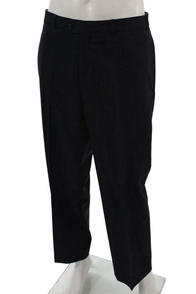 Calvin Klein Mens 2 Piece Dark Blue Wool Suit Collared Striped Size 43