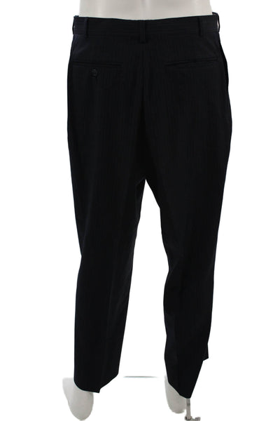 Calvin Klein Mens 2 Piece Dark Blue Wool Suit Collared Striped Size 43