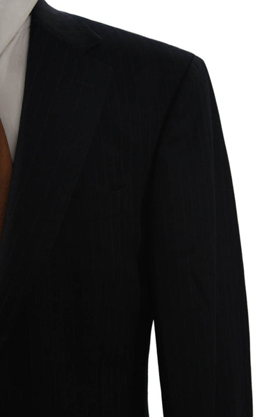 Stafford Mens Dark Blue Striped Wool Suit Jacket Button Collared Size 40