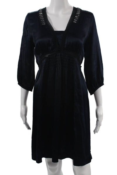 Sandro Womens Dark Blue V Neck Solid Shift Dress 3/4 Sleeve Silk Blend Size 1